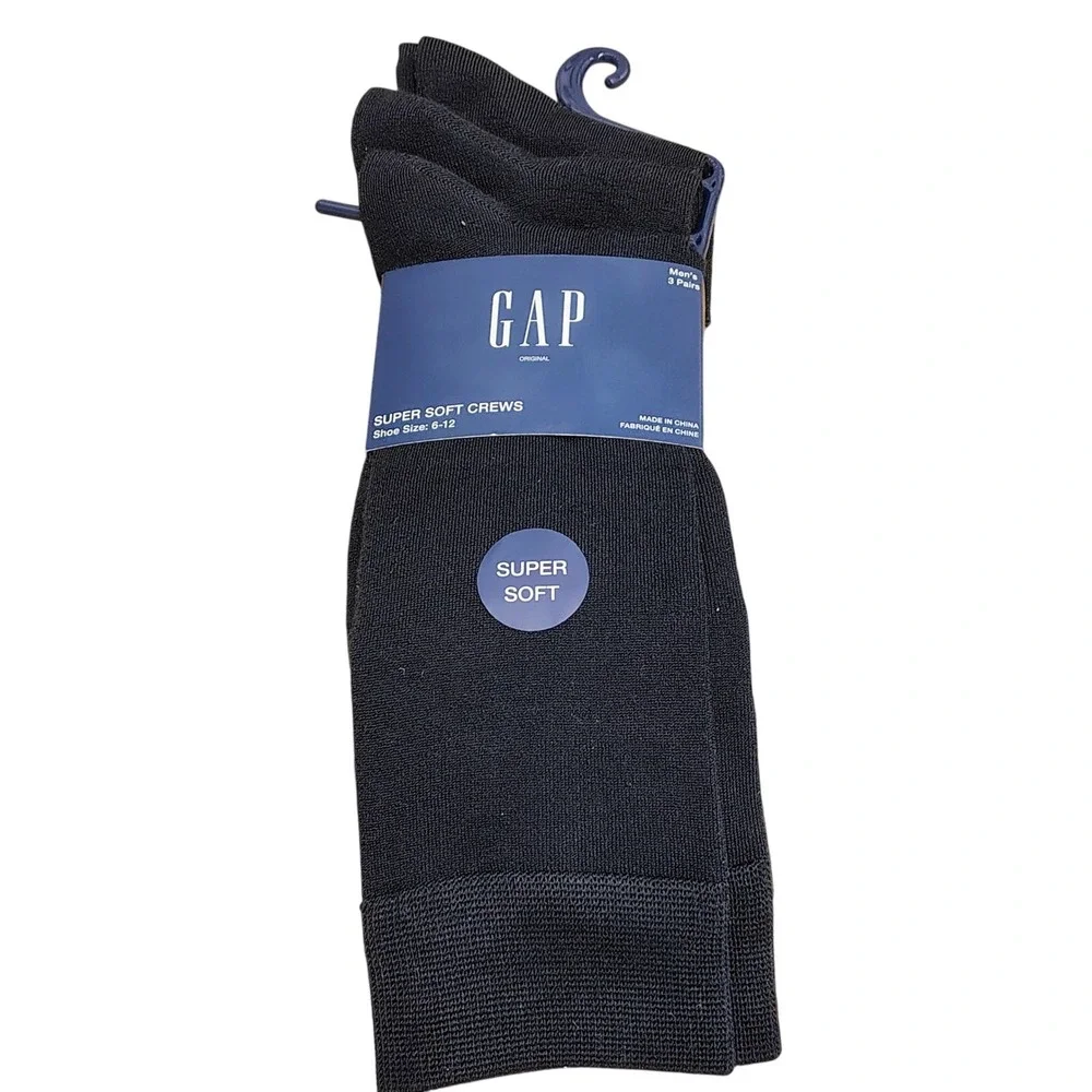 GAP Mens 3 Pairs Super Soft‎ Crews Black Socks Shoe Size 6-12 NEW in Package
